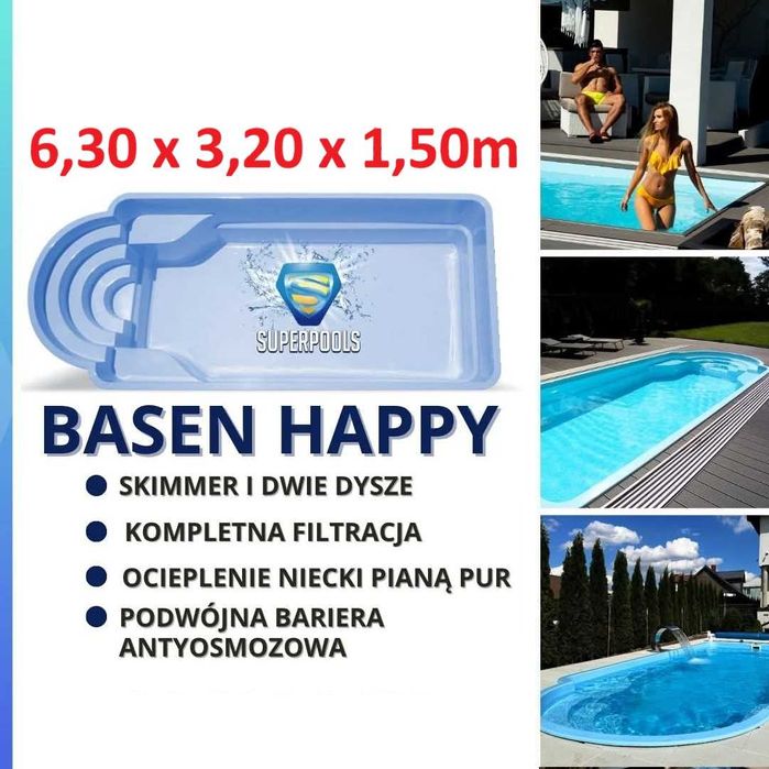 Basen gotowy poliestrowy Happy 6,30 x 3,20 ogrodowy niecka Producent !