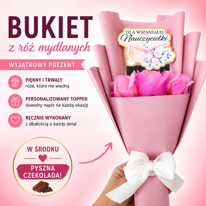 Bukiet z Róż Mydlanych z czekoladą | Personalizowany Topper | Prezent na Każdą Okazję - Prezent na zakończenie roku prezent dla nauczyciela