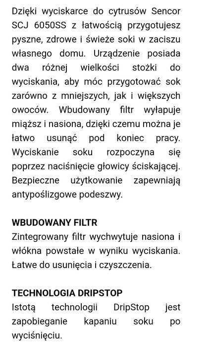 Wyciskarka do cytrusów 
Nierdzewna obudowa zewnętrzna
Praca dwustronna