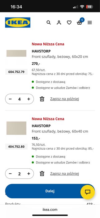 Fronty Havstorp beżowy z uchwytami Nydala