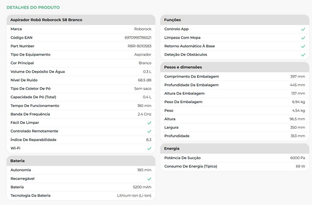 Roborock S8 preto com mopa e extras