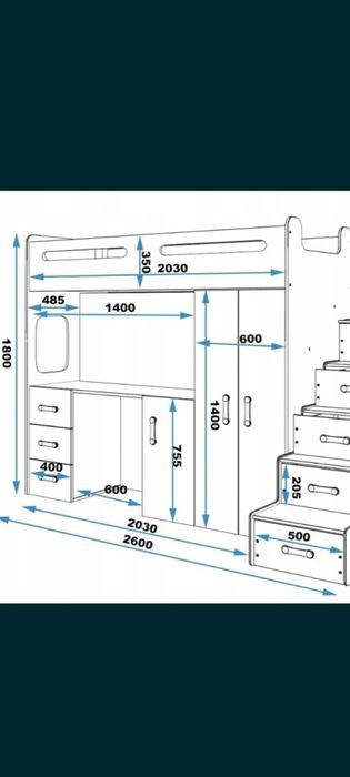 łóżko piętrowe z biurkiem, szafą i schodami