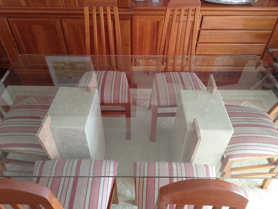 Mesa Mármore de Sala + 6 cadeiras cerejeira