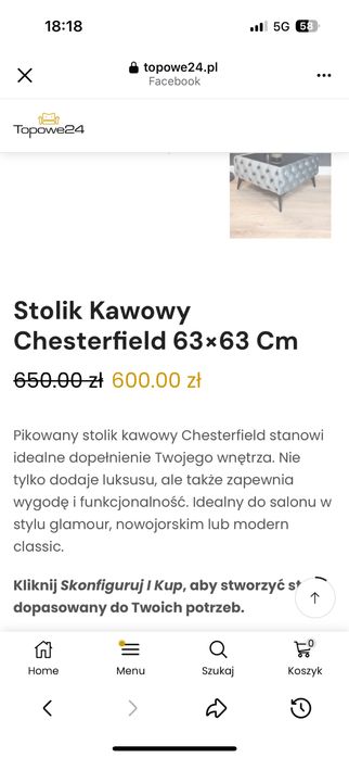Granatowy Stolik Kawowy Chesterfield 63×63 Cm