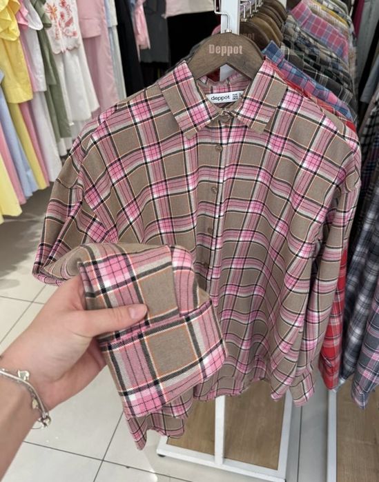 Сорочка в клітинку оверсайз, картата сорочка рожева/бежева рубашка