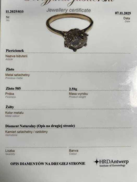 Złoty pierścionek 14K Brylant 1.66ct