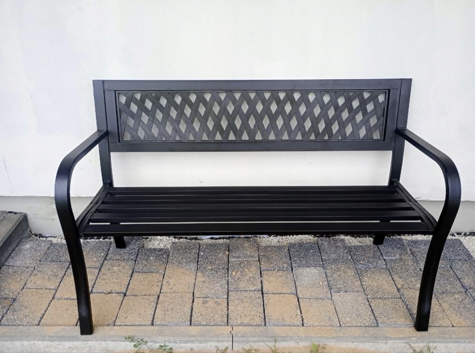 NOWA Ławka Ogrodowa Parkowa Cmentarna Z Oparciem Metalowa Czarna 120CM