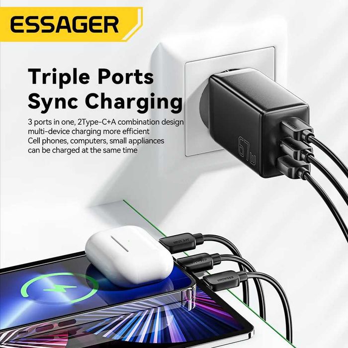 Потужний Зарядний пристрій Essager 67W GaN Charger 2C+U