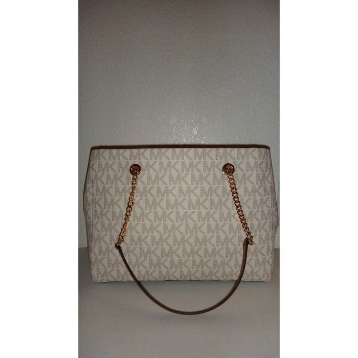 Michael Kors Brynn MK Logo LG Chain Shoulder Tote Bag White Vanilla