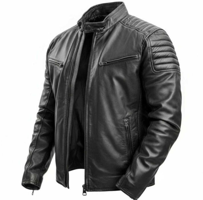 Kurtka Skórzana Męska Cafe Racer Skóra Jagnięca czarna