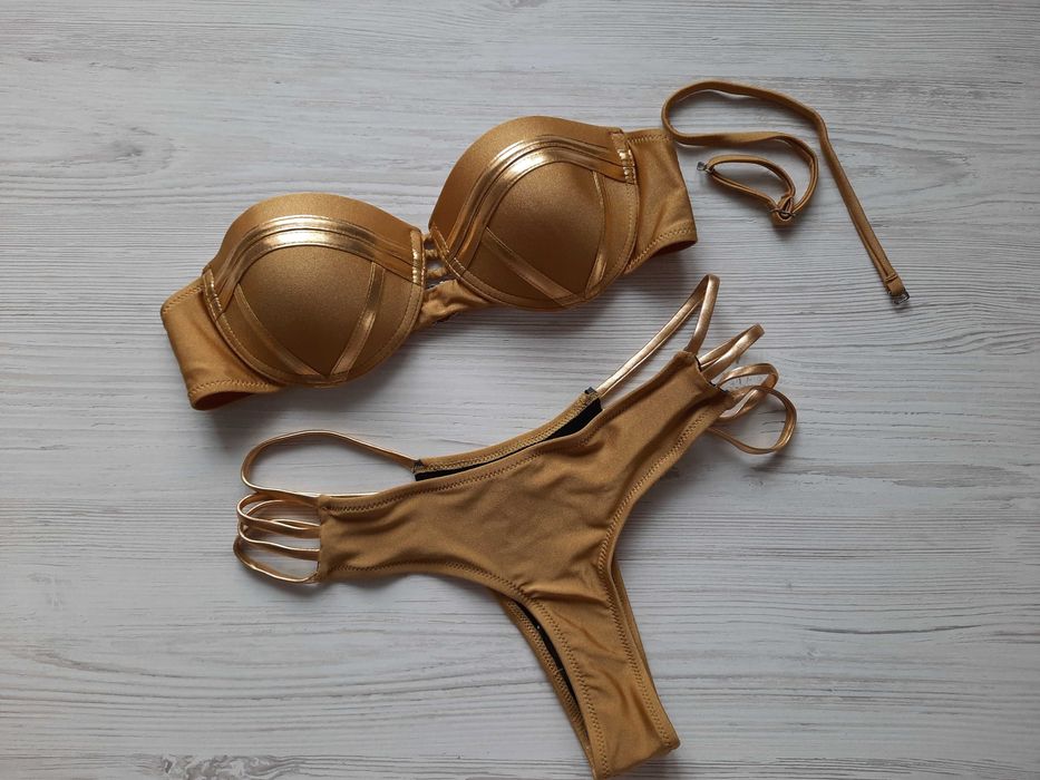 Золотой купальник бандо пуш-ап твердая чашка блестящий бронзовый р.S