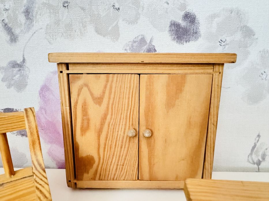 Drewniane mebelki do domku dla lalki/Maileg,szafa,stół,ławka retro