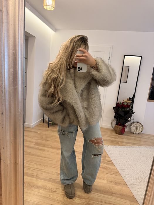 Futro beż oversize eleganckie z dużym kołnierzem | Mokka | U
