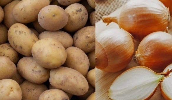 Batatas, cebolas e ovos.