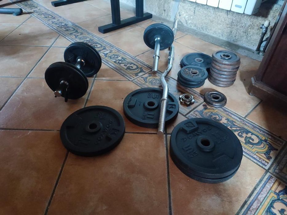 Weight Training Bench, Weight Plates, and Accessories64738211440642124