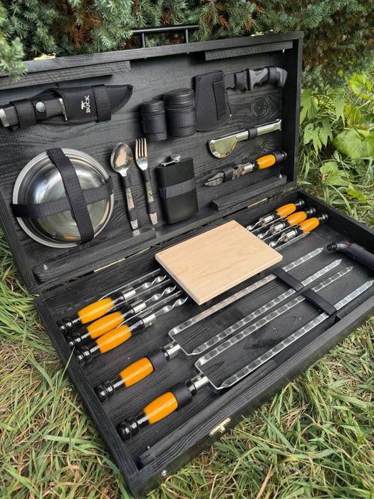 6 шампуров 3 мм в кейсе столике на подарок мужчине мужу куму