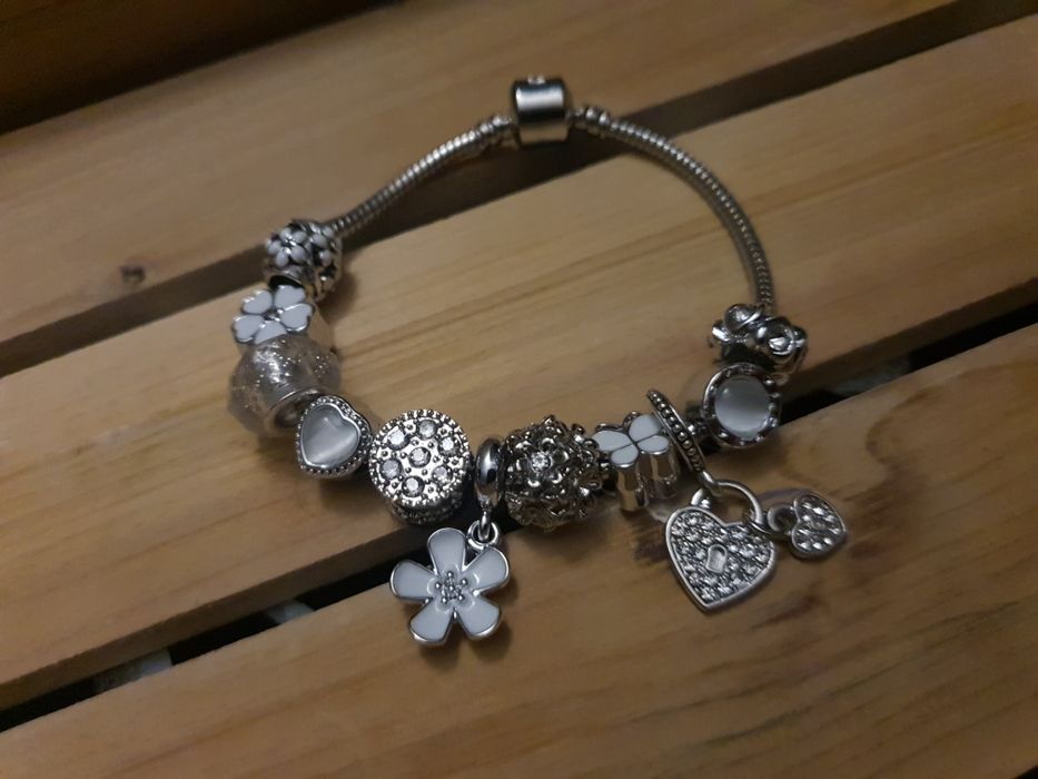Srebrna Biała Bransoletka Modułowa Charms Charmsy Charmsami Beads Zawi