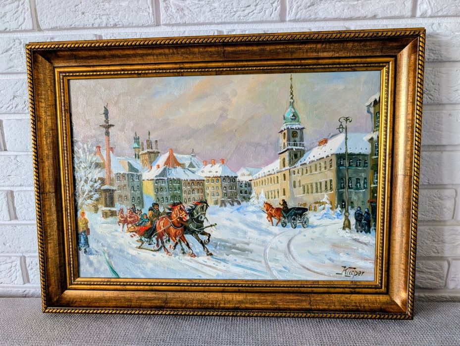 Stara Warszawa zimą bardzo cenny obraz olejny