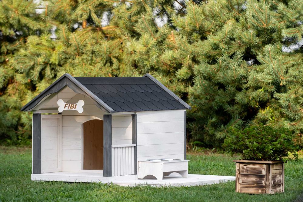 Bardzo duża buda dla psa z tarasem z litego drewna GRATISY