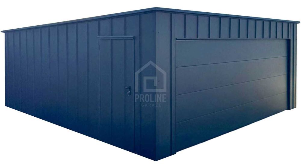 Garaż blaszany 6x5,8 m - brama segmentowa - drzwi - antracyt - blacha na rąbek - dach spad w tył PLG275