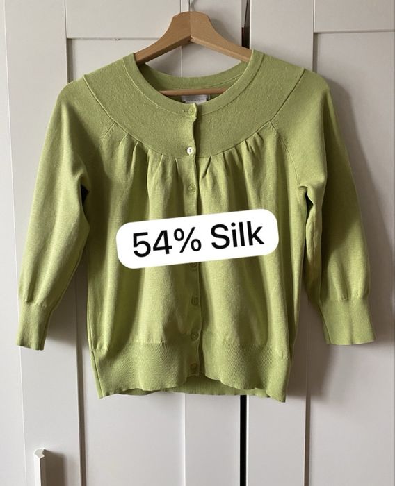 Jedwabny limonkowy sweter kardigan guziki z jedwabiu i bawełny