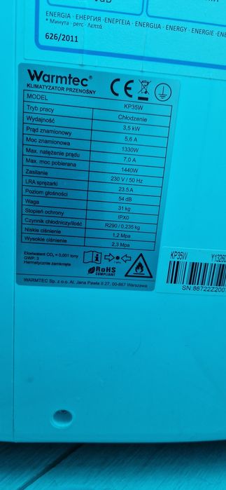 Klimatyzator warmtec 3.5 KW chłodzenie grzanie osuszanie WIFI