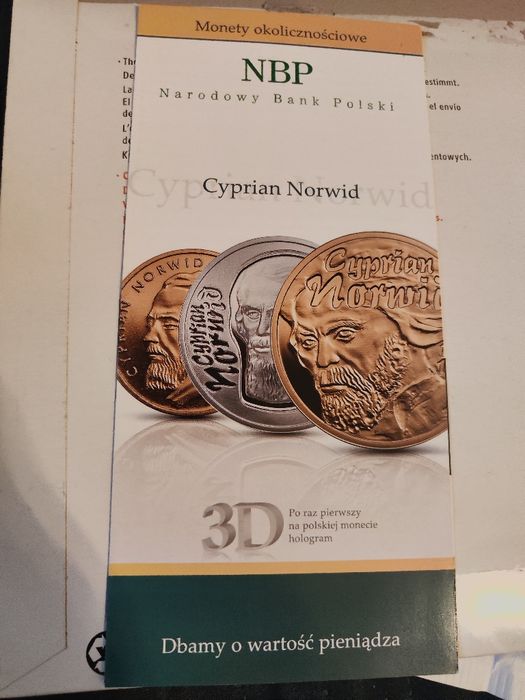 Moneta srebrna 10 zł Cyprian Norwid  srebro Ag925 + folder emisyjny