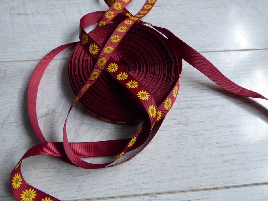 Wstążka rypsowa. Bordowa, słoneczniki. 16 mm. 10 metrów