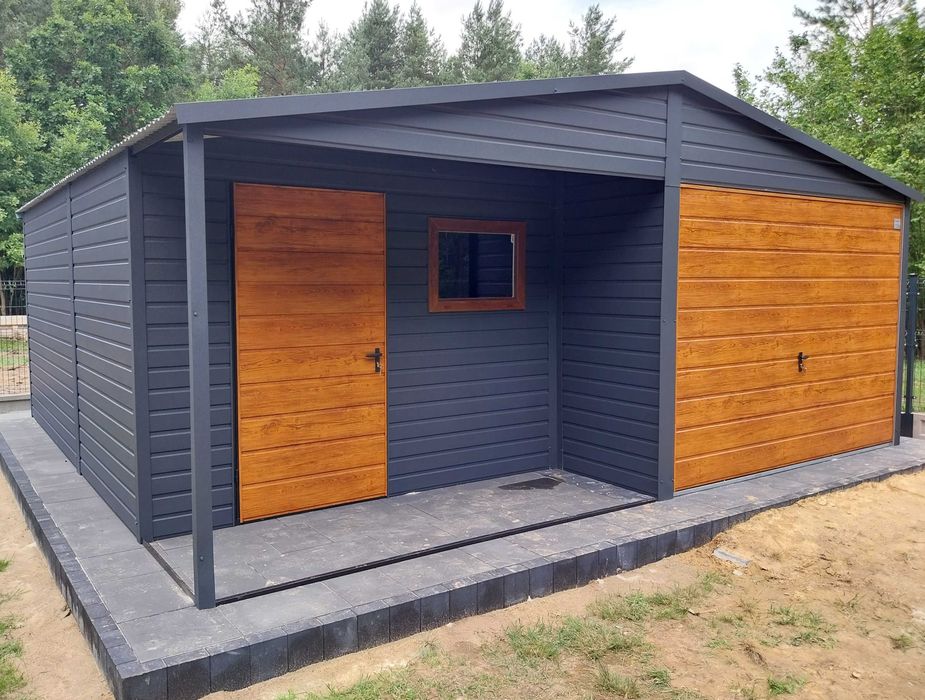 Garaż blaszany 6x5m grafit drewnopodobne garaże Gregor nowoczesny schowek producent garaży