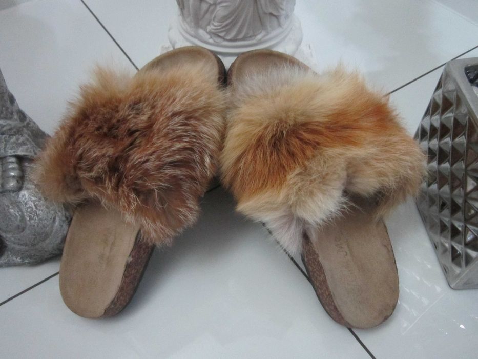 klapki skóra naturalna z naturalnym futrem lisa r 39 - 40 wk 26,5-27