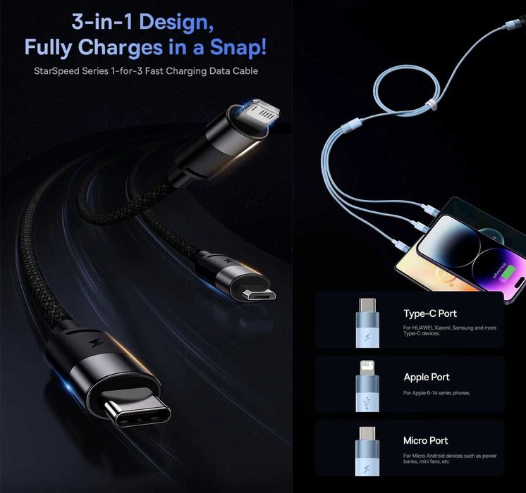 Кабелі TOOCKI/BASEUS, 2-in-1/3-in-1/3-in-2, 3.5A/6A/100W/240W