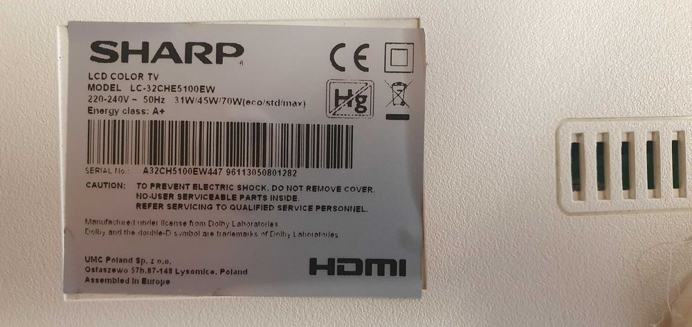 Sprzedam TV SHARP LC32CHE5100- uszkodzona matryca.