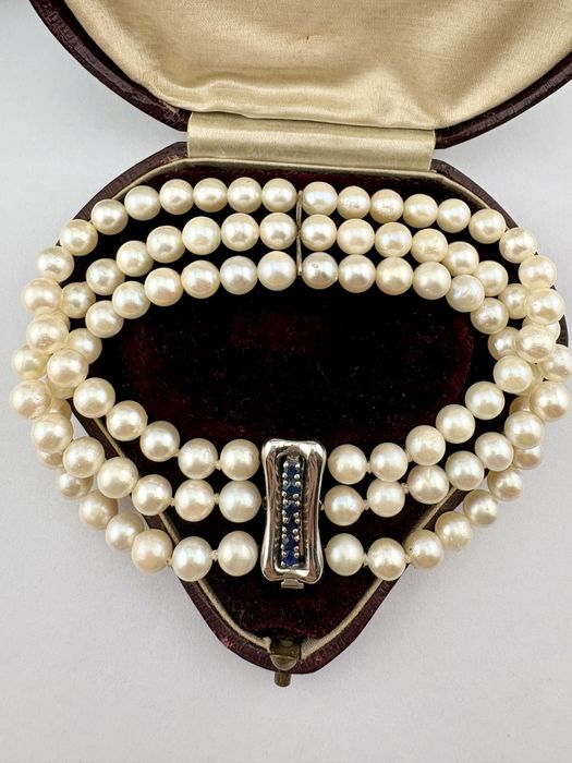 Retro bransoletka perły akoya 3-rzędowa złoto 14 k szafiry 20.5 cm