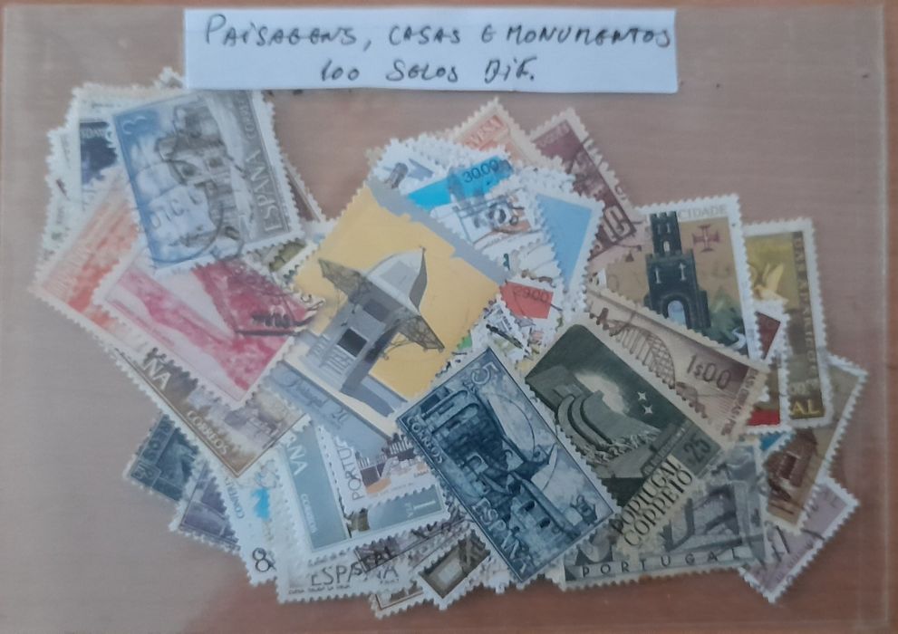 Pacote de 100 selos - paisagens, casas e monumentos