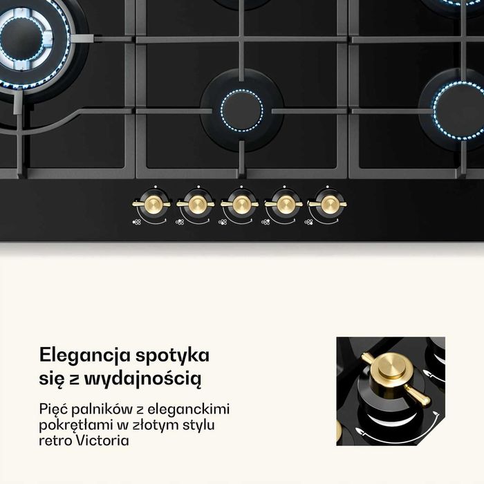 Płyta gazowa do zabudowy klarstein 5 palników 90cm szkło czarna