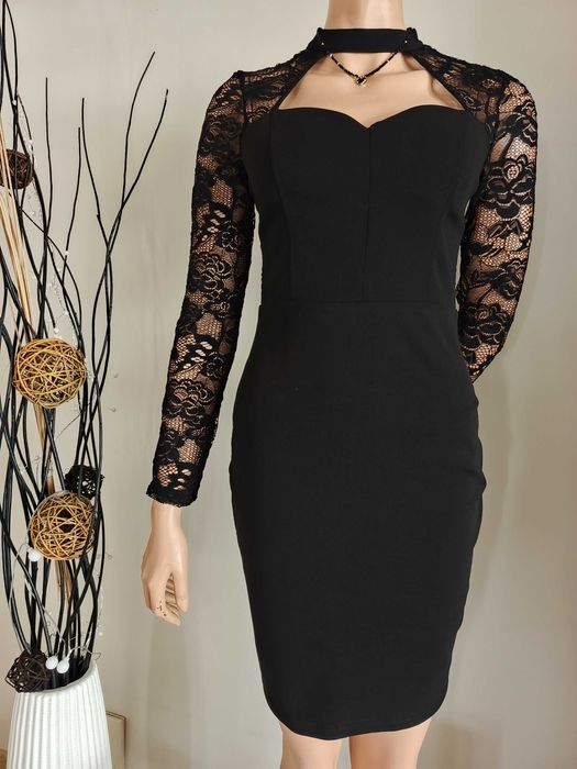 Sukienka czarna elegancka z chokerem koronką M mini ołówkowa