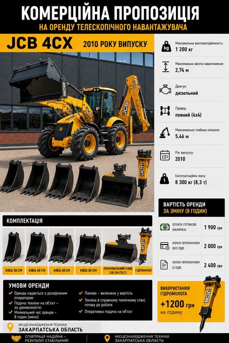 Оренда екскаватора-навантажувача JCB 4CХ, по всій Закарпатській області