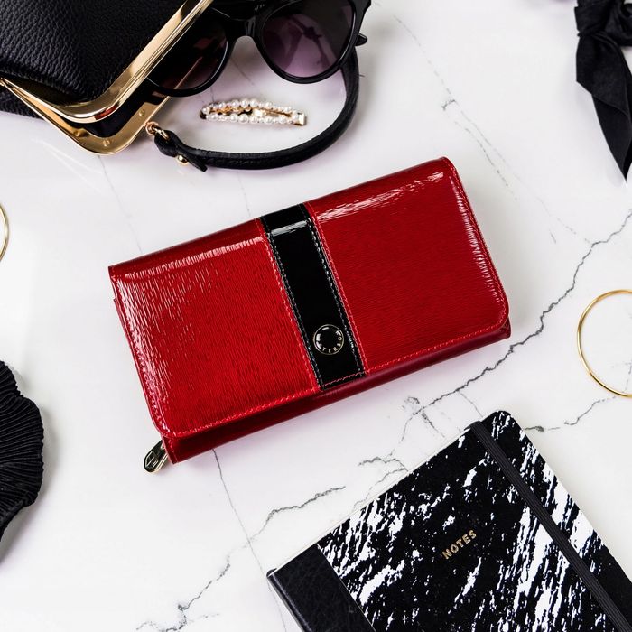 PETERSON portfel damski skórzany elegancki lakierowany P193 czerwony