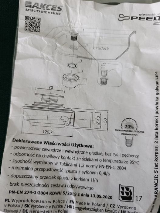 Syfon niski do brodzika otwór 50 mm, mosiężny klik - kłak Speedo 2