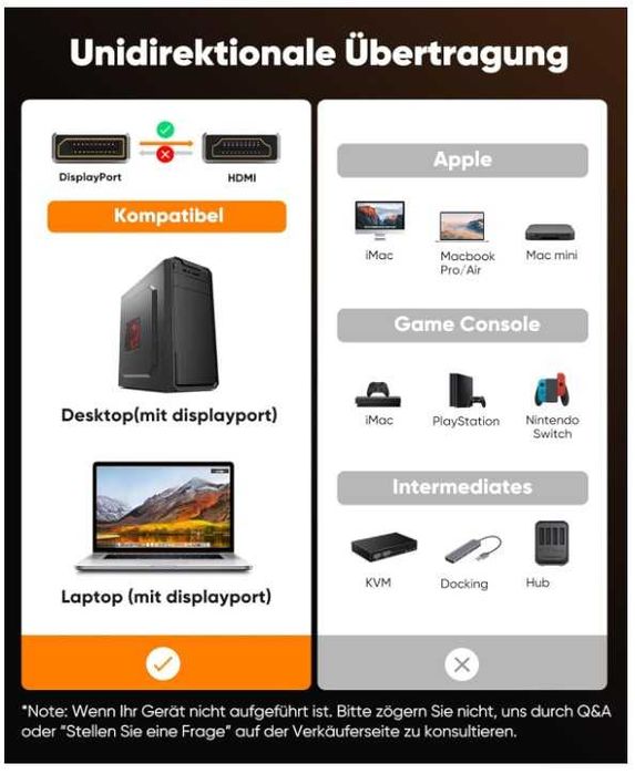 Kabel DisplayPort na Hdmi 1.8m 4K w oplocie Snowkids