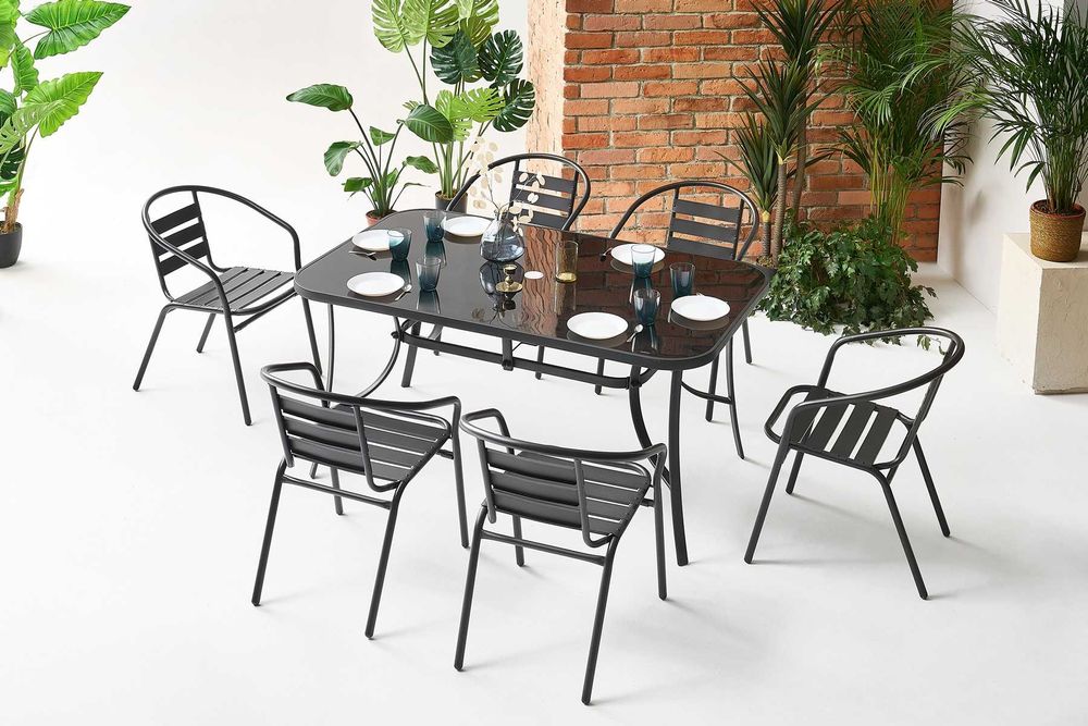 Meble ogrodowe 90 cm x 150 cm x 73 cm i 6 krzeseł, konstrukcja czarna