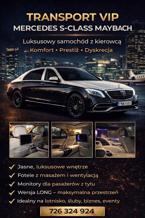 Transport VIP – Mercedes S-Class Maybach z kierowcą , PREMIUM