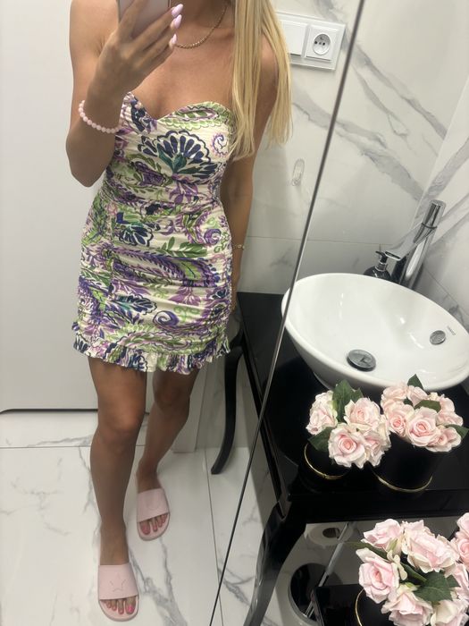 Zara sukienka fioletowa zielona len wiskoza roz.S sheila