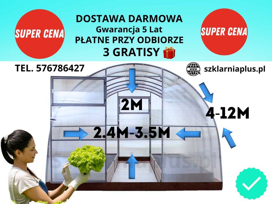 Szklarnia tunel 2/4/6/8/10/12m Promocja!!! Darmowa dostawa