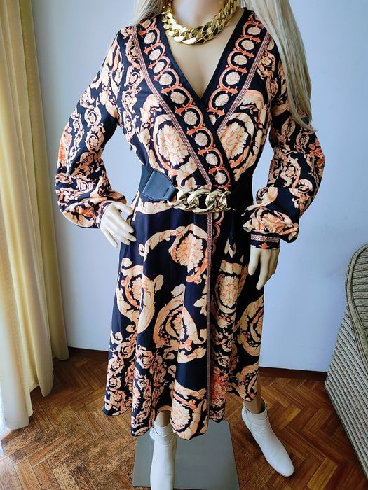 Sukienka kopertowa midi boho elegancka wzorzysta M – idealna na jesień