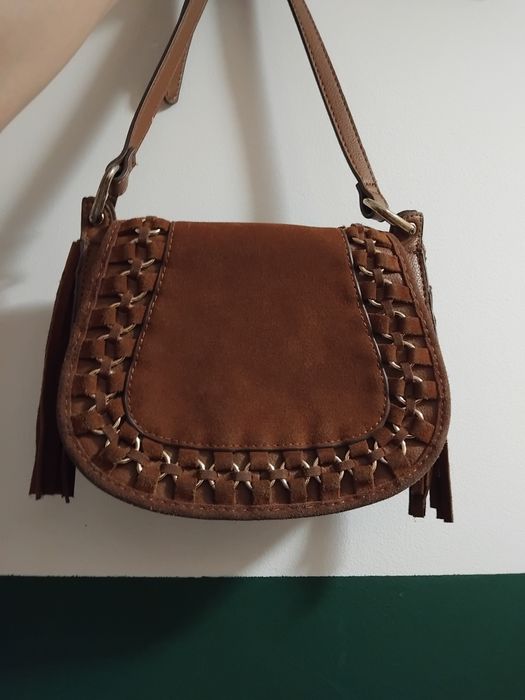 Torebka Mango brazowa skórzana fredzle boho listonoszka na ramię