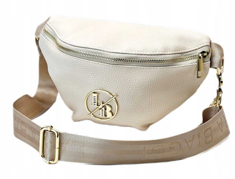 Laura Biaggi Nerka Damska Saszetka Skórzana Beżowa Logowany Pasek