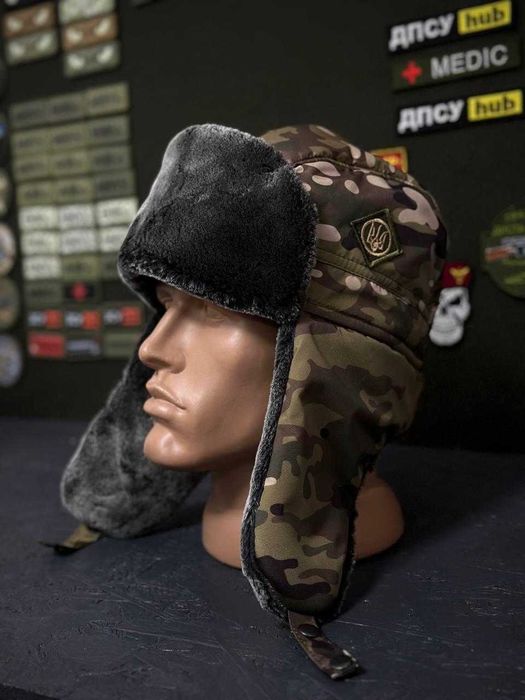 Тепла зимова військова шапка - вушанка фліс Олива, піксель, мультикам