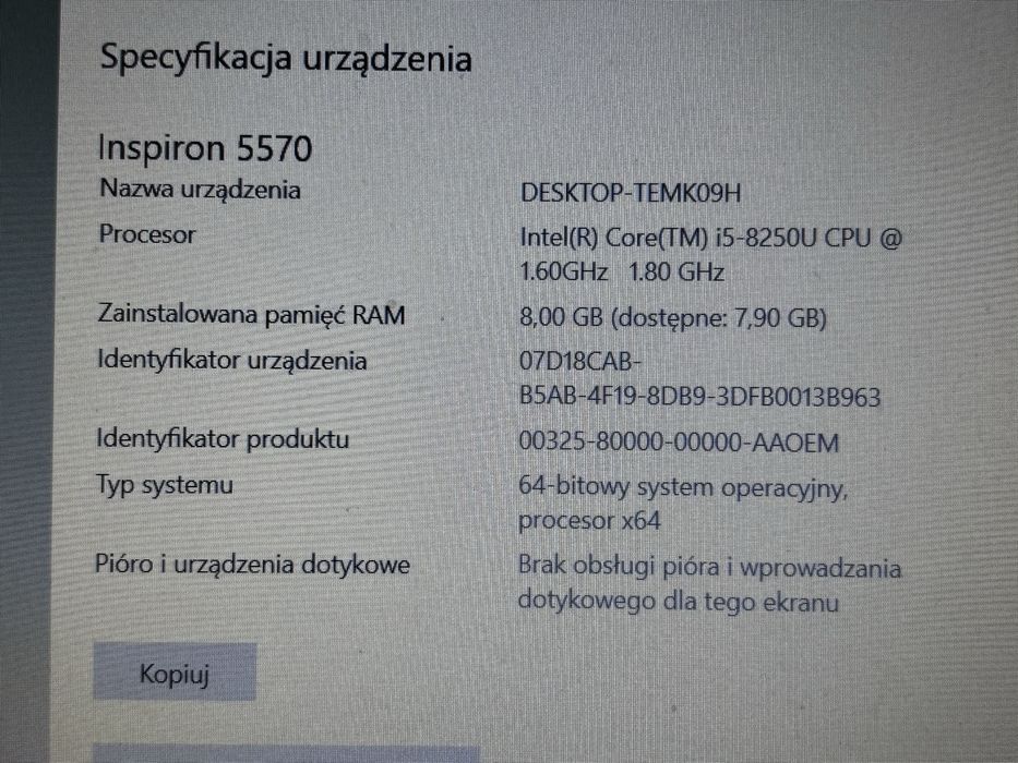 Laptop Dell inspiron 5570 + ładowarka bialy