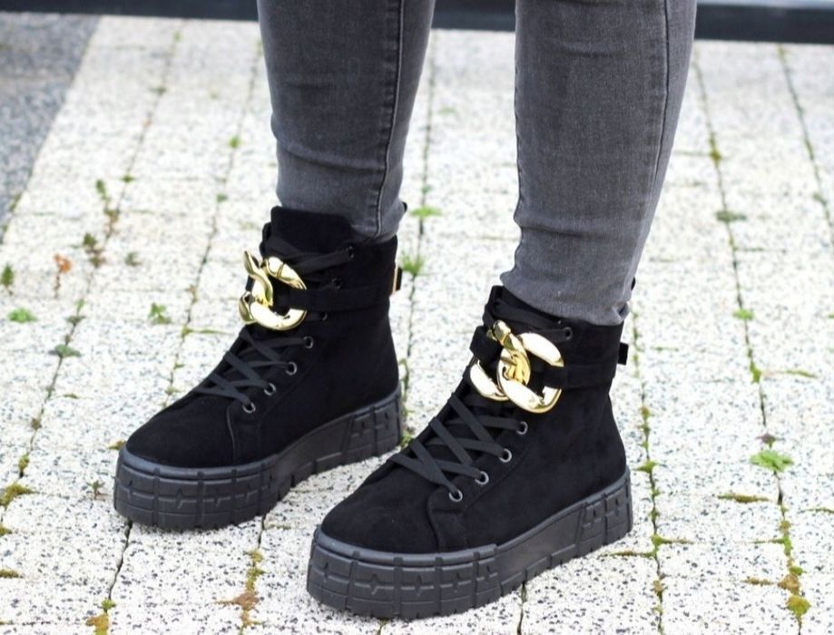 36 37 38 botki 39 40 41 trapery z złotą klamrą łańcuchem na platformie